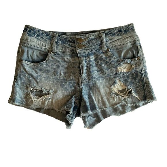 Tinseltown Shorts Jean Distressed Holes Blue White Geo Print Pockets Size 0 - Picture 8 of 10